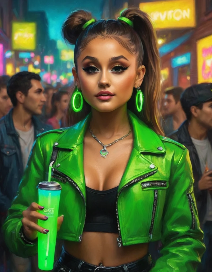 show all of her, head to toe shown, ariana grande, beautiful detailed eyes, beautiful detailed lips, extremely detailed eyes and face, long eyelashes, neon green rave outfit, Carrying green glow stick wands and wearing glowing jewelry, taking off an ankle length black leather jacket, inside a crowded neon lit rave club, friendly and flirtatious expression, photorealistic, 8k, (best quality,4k,8k,highres,masterpiece:1.2),ultra-detailed,(realistic,photorealistic,photo-realistic:1.37),HDR,UHD,studio lighting,ultra-fine painting,sharp focus,physically-based rendering,extreme detail description,professional,vivid colors,bokeh (Attention: Show her from head to toe, full body shown, show all of her)
