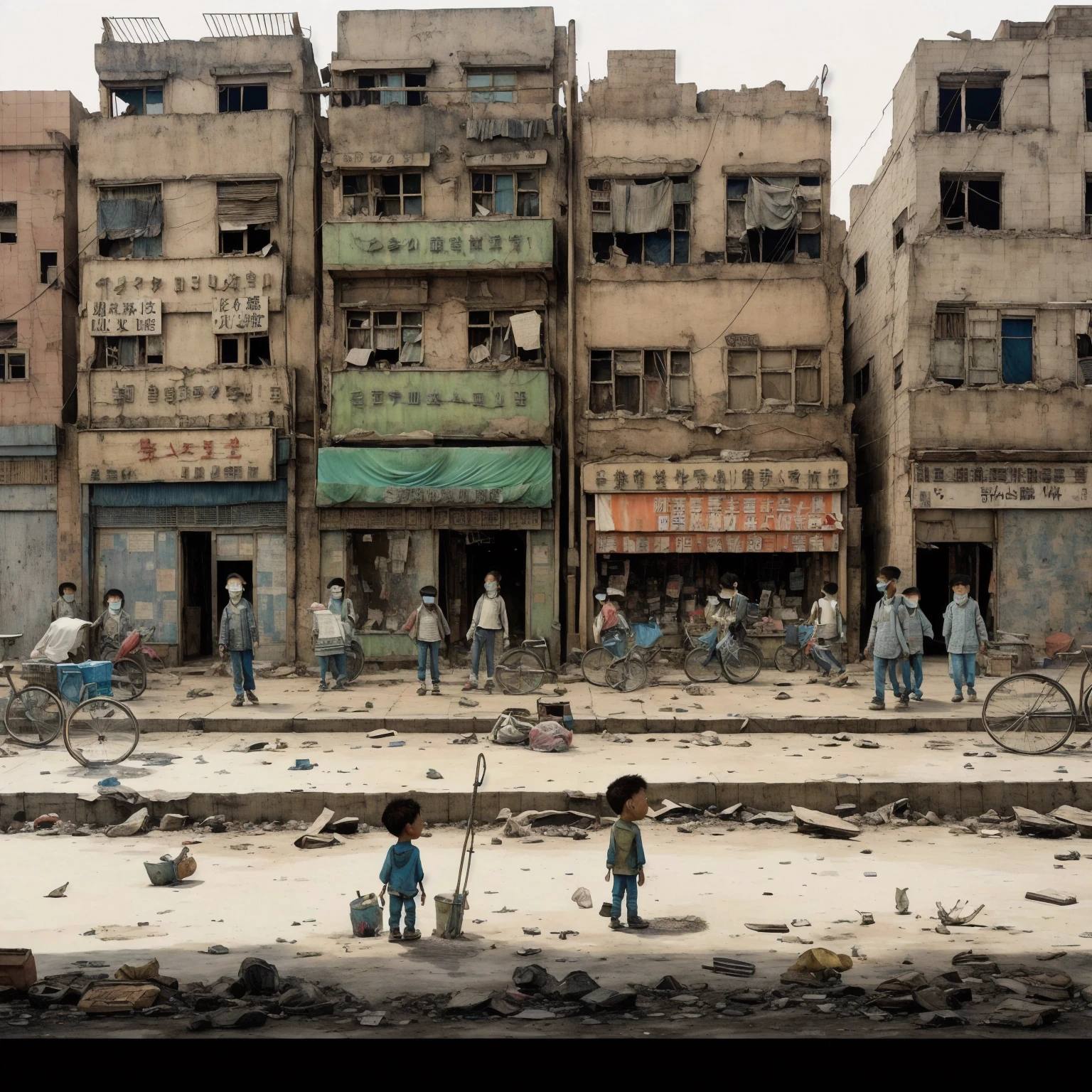 masterpiece,Highest quality,Tonghua Town,Outdoor,Unsanitary and abandoned city、ruins、sewage、Dirty shop、Crumbling hospital、street vendors、Poor person々、Blame me people