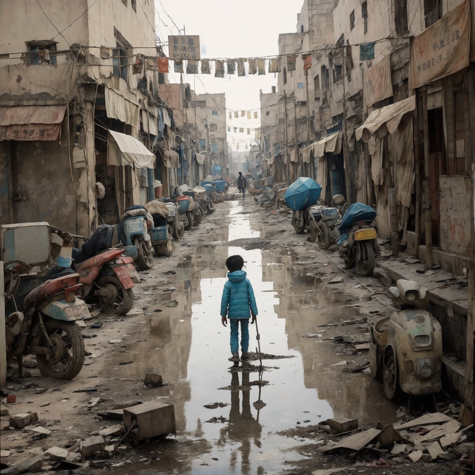 masterpiece,Highest quality,Tonghua Town,Outdoor,Unsanitary and abandoned city、ruins、sewage、Dirty shop、Crumbling hospital、street vendors、Poor person々、Blame me people