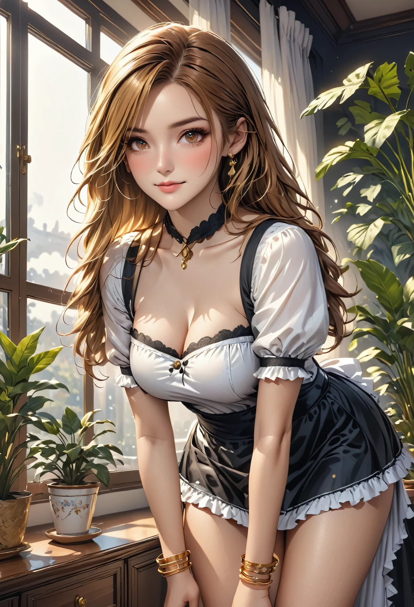 (young woman:1.5), (sexy maid outfit, black high heels, golden bracelet), long brown hair, brown eyes, (cheeky smilie), detailed skin texture, (realistic skin pores, skin impurities:1.0), (bend over, looking back over shoulder:1.3), 24k resolution, highly detailed, (natural front light:0.5), (full body shot:1.3), (realistic style:1.5), modern livingroom with large window and deco plants