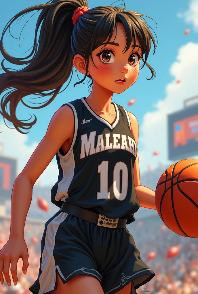 Girl with white and black basketball shirt with freckles, number 10, And that on your back comes out curl M.