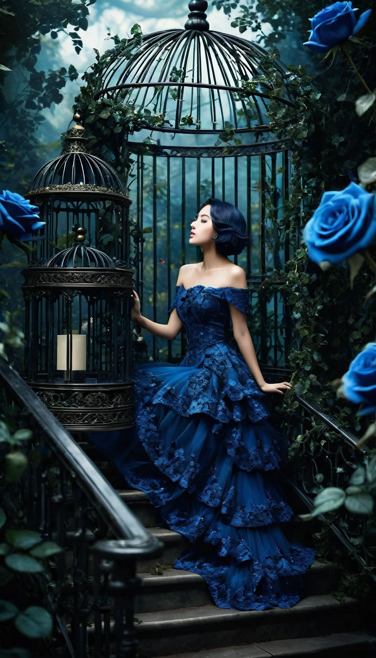 Image of forests of clocks interspersed with forests of thorns, dark, gloomy, mysterious but full of magic, shimmeringly beautiful, in the distance there is a giant birdcage surrounded by climbing black roses, a short blue shoulder length hair beautiful girl are step on the luxury stair cover by blue rose ivy in the bird cage, cinematic color, 16K, UHD, K-Pop Style