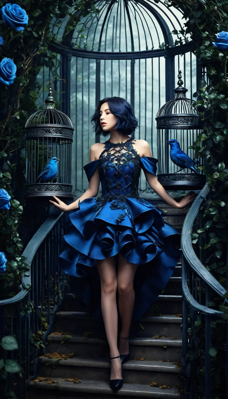 Image of forests of clocks interspersed with forests of thorns, dark, gloomy, mysterious but full of magic, shimmeringly beautiful, in the distance there is a giant birdcage surrounded by climbing black roses, a short blue shoulder length hair beautiful girl are step on the luxury stair cover by blue rose ivy in the bird cage, cinematic color, 16K, UHD, K-Pop Style