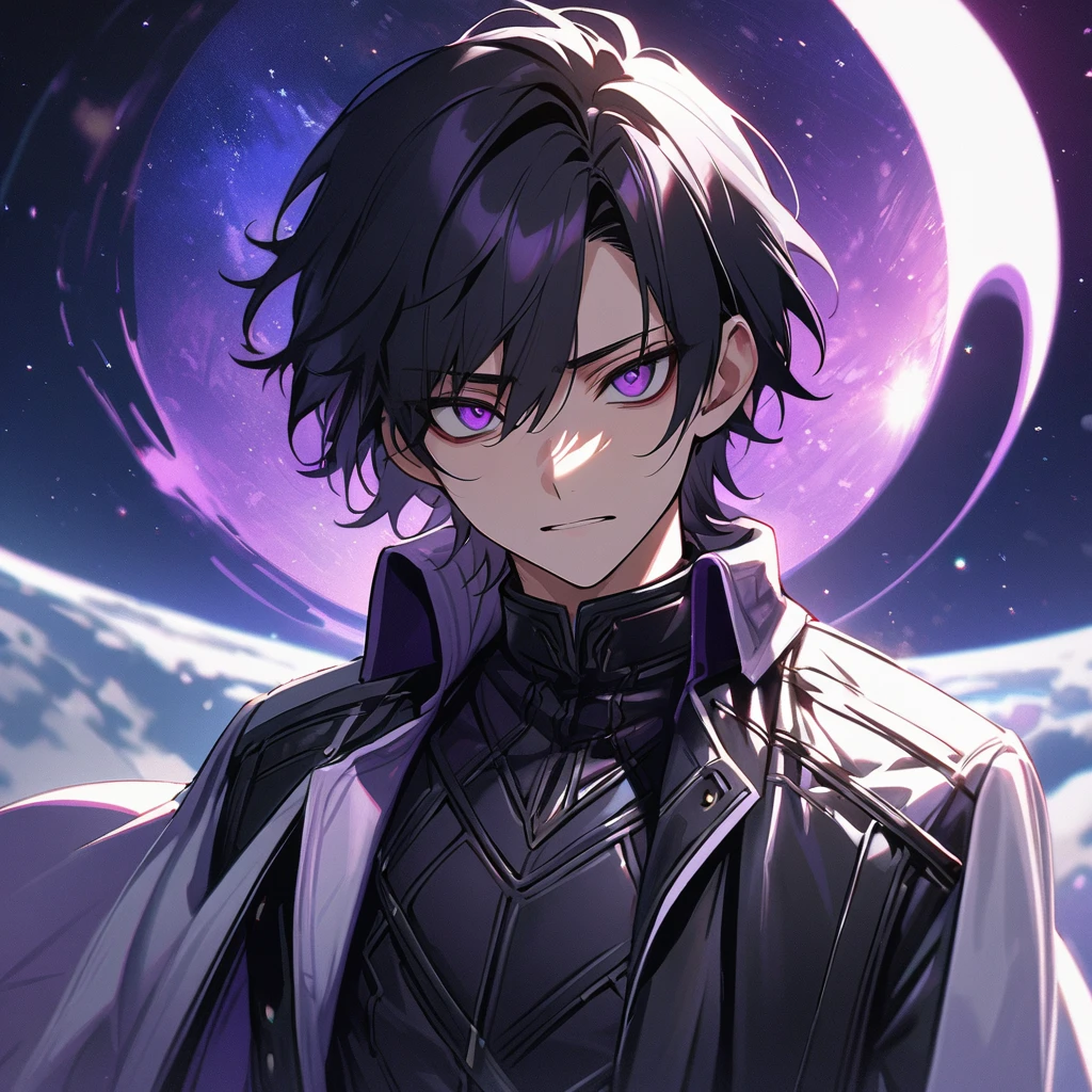 High quality, HD, 4k, no shadows, handsome male, handsome, 1male, 17 years old, teenager, jet black hair, short black hair, dark hair, black hair, jet black hair, sharp eyes, deep purple colored eyes, dark purple colored eyes, deep purple eyes, purple eyes, devil may cry, close up, calm expression, stoic expression, black leather clothes, white leather clothing, lean body, well trained body, upper body, looking at viewer, cowboy shot, white solar, space background