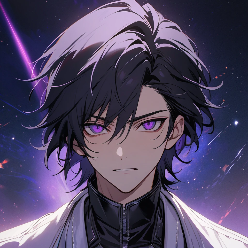 High quality, HD, 4k, no shadows, handsome male, handsome, 1male, 17 years old, teenager, jet black hair, short black hair, dark hair, black hair, jet black hair, sharp eyes, deep purple colored eyes, dark purple colored eyes, deep purple eyes, purple eyes, devil may cry, close up, calm expression, stoic expression, black leather clothes, white leather clothing, lean body, well trained body, upper body, looking at viewer, cowboy shot, white solar, space background
