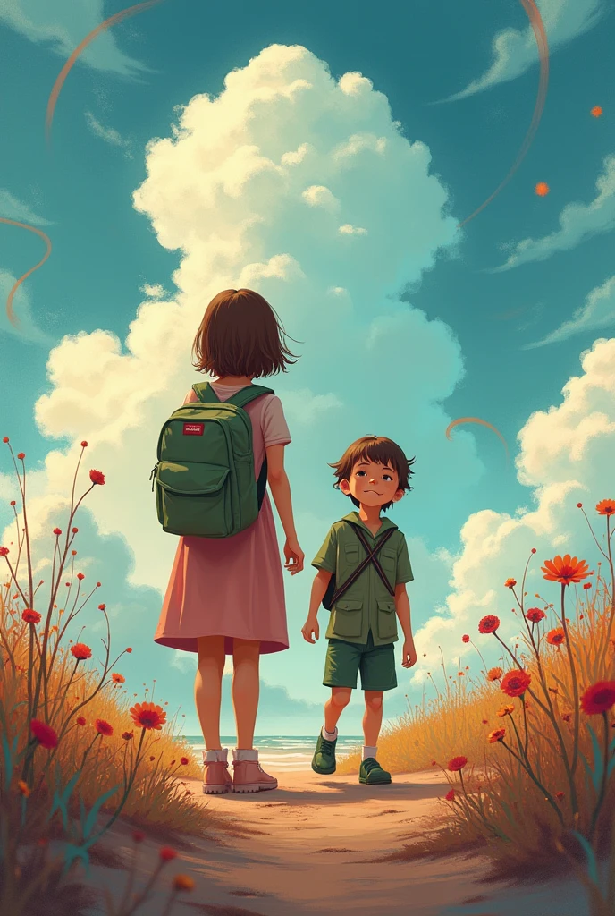 Two people( an older girl and boy who wear a soldier&#39;s uniform) They are lost in a world where the sky is colorful and the heaven is abstract and everything seems surreal. 