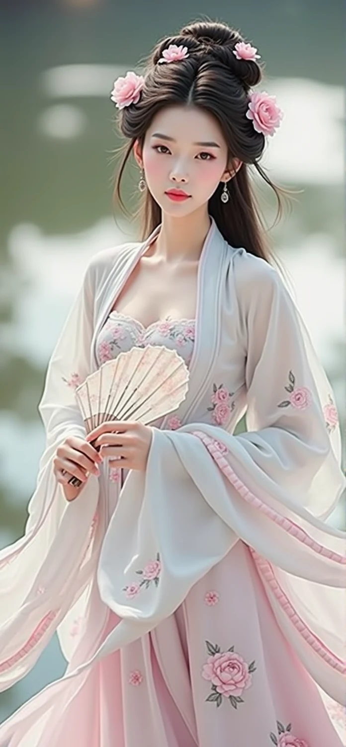 ((masterpiece, top quality, high resolution, highly detailed CG unified 8K wallpaper)), (perfect proportions, beautiful body, slim body beauty:1.3), A young asian woman dressed in a delicate, pastel-colored hanfu, featuring intricate floral embroidery and flowing sleeves, holding a ancient fan, poses gracefully. Her hair is styled in an elegant updo adorned with small pink flowers. The soft, natural light, white background