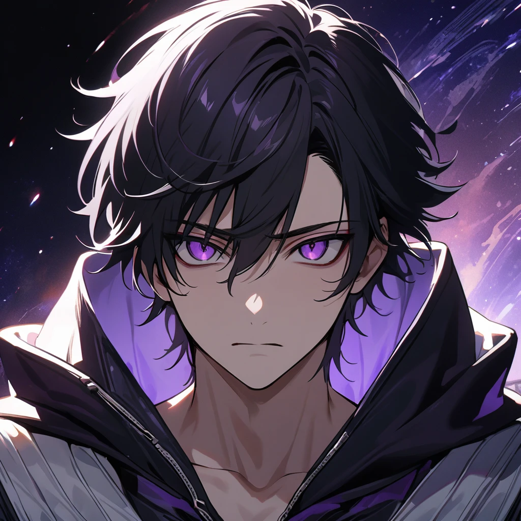 High quality, HD, 4k, no shadows, handsome male, handsome, 1male, 17 years old, teenager, jet black hair, short black hair, dark hair, black hair, jet black hair, sharp eyes, deep purple colored eyes, dark purple colored eyes, deep purple eyes, purple eyes, devil may cry, close up, calm expression, stoic expression, black leather clothes, white leather clothing, lean body, well trained body, upper body, looking at viewer, cowboy shot, white solar, space background