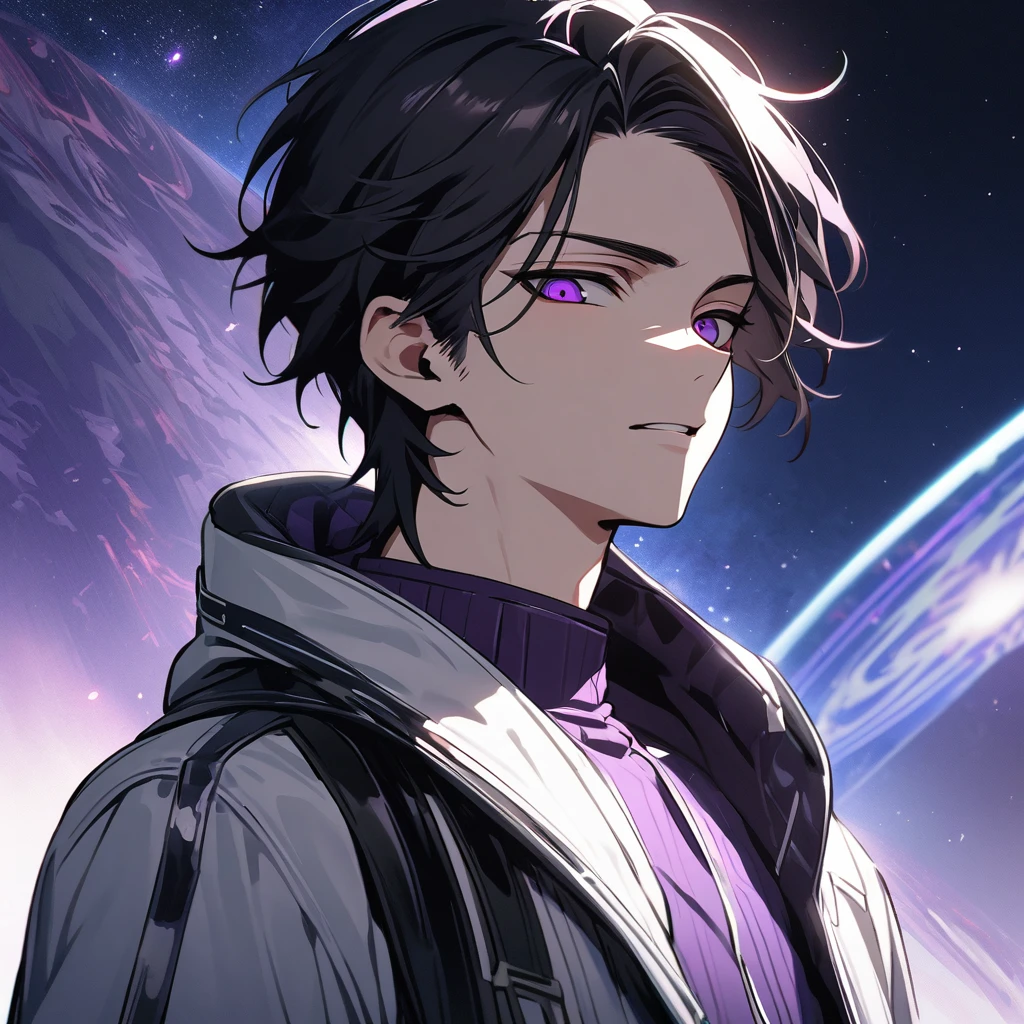 High quality, HD, 4k, no shadows, handsome male, handsome, 1male, 17 years old, teenager, jet black hair, short black hair, dark hair, black hair, jet black hair, sharp eyes, deep purple colored eyes, dark purple colored eyes, deep purple eyes, purple eyes, devil may cry, close up, calm expression, stoic expression, black leather clothes, white leather clothing, lean body, well trained body, upper body, looking at viewer, cowboy shot, white solar, space background