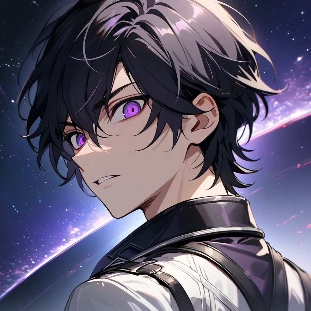 High quality, HD, 4k, no shadows, handsome male, handsome, 1male, , teenager, jeack hair, short black hair, dark hair, black hair, jet black hair, sharp eyes, deep purple colored eyes, dark purple colored eyes, deep purple eyes, purple eyes, devil may cry, close up, calm expression, stoic expression, black leather clothes, white leather clothing, lean body, well trained body, upper body, looking at viewer, cowboy shot, white solar, space background