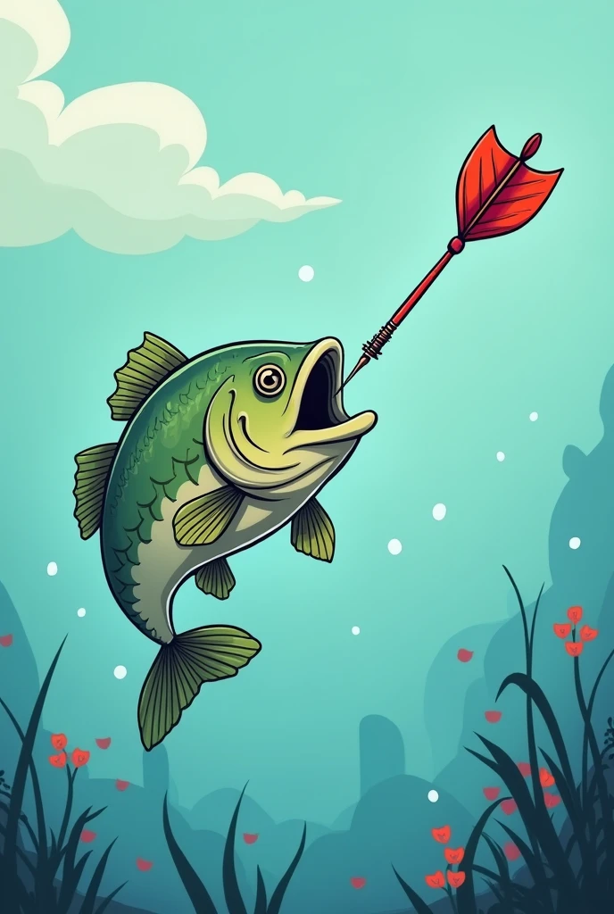 Cool cartoon of a fish being hit by a dart.