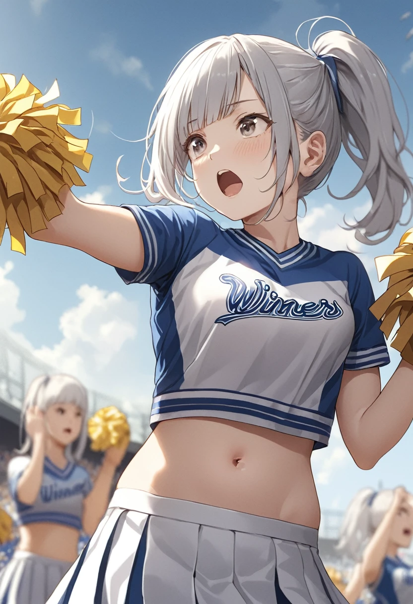 One girl, Silver Hair, Side Ponytail, Hair blowing in the wind, Cheerleader、Baseball cheering、Diagonal bangs, High resolution, masterpiece, Anatomically correct, Winner of numerous awards, look up, Illustration, 