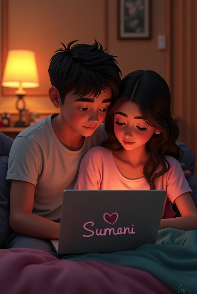 In a laptop, Suman ♥️ Shivani should be written on the screen and a boy sleep on  a girl lap  is lover seen that laptop on the room bad