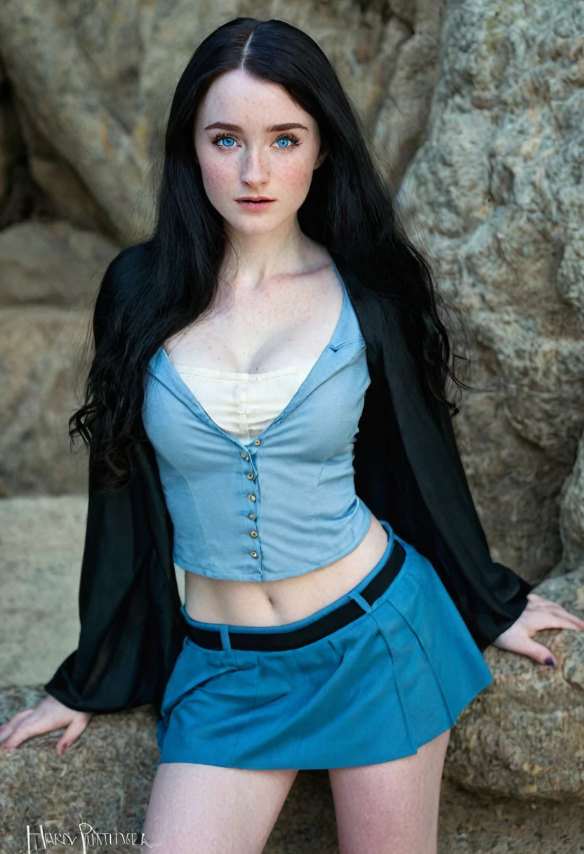 Caucasian woman 1.75 tall, light blue eyes, long black hair, pale skin and freckles, double E breasts, big butt. She is dressed as a harry potter.