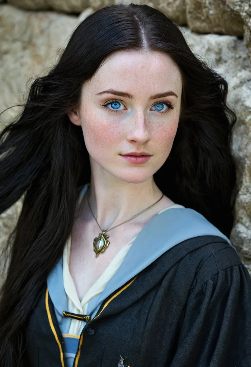 Caucasian woman 1.75 tall, light blue eyes, long black hair, pale skin and freckles, double E breasts, big butt. She is dressed as a harry potter.