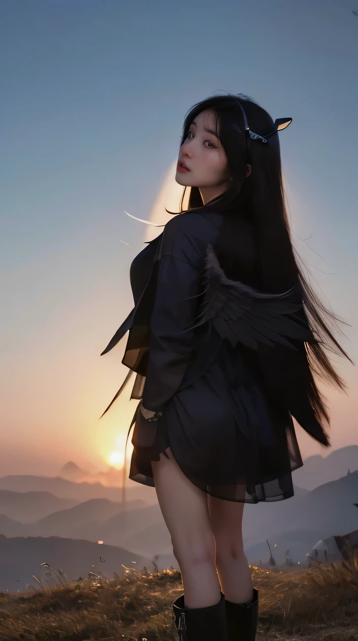 photorealistic, (hyperrealistic:1.2), masterpiece, best quality, 1girl, black hair, angel of death, innocent, brown eyes, diadem, angel wings, black clothes, full body, arms behind back, sky, halo, post-apocalypse,