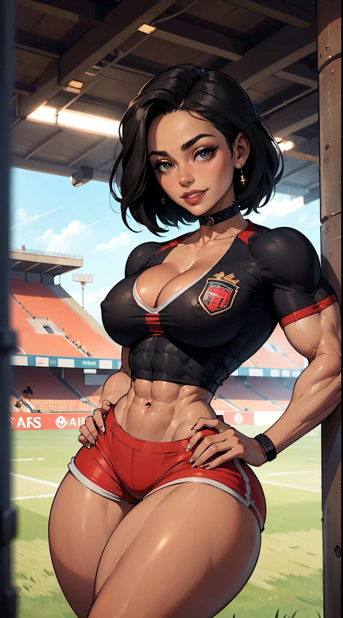 (muscular:2.2), (thick thighs:2.1),
(latina female, tan skin, brown skin, black hair:1.5), (big smile:1.5), (adult),
red lipstick, eyeshadow, red lips,
(hard nipples), (small breasts:1.5),
(soccer jersey, soccer shorts, choker, midriff, deep cleavage:1.6), (cleavage:2),
looking at viewer, (three quarter view:1.3), upper body view, 
rim lighting, two tone lighting, dim lighting, bokeh, detailed skin, detailed eyes
