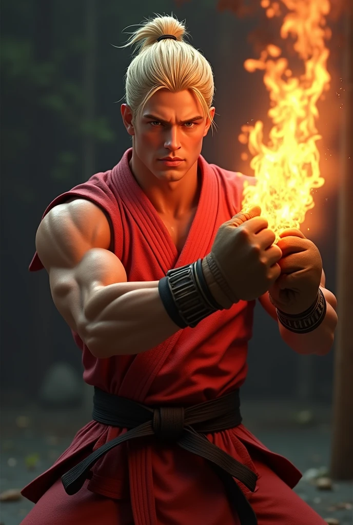 (photorealism:1.2) make the image as real as possible.
A blonde long hair male with a muscular build. His eyes are light brown and he has on a red karate gi (black belt) that exposes his leanest arms. His mma gloves are brown with thick padding. Fire exuding from his right hand.