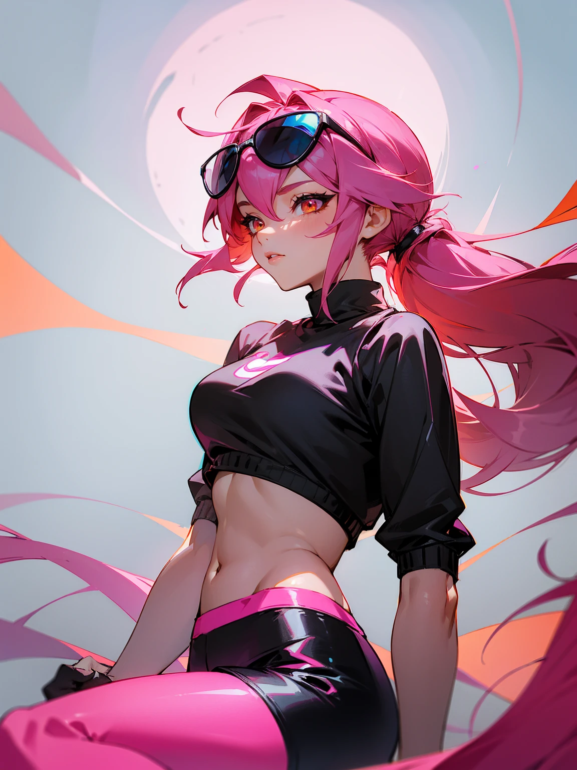 1male, dark pink hair, orange eyes, long hair, pony tail, crop top sweater, sunglasses, lip gloss, black shorts, leggings, beautiful, busty