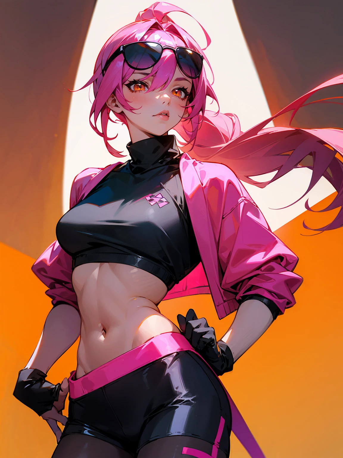 1male, dark pink hair, orange eyes, long hair, pony tail, crop top sweater, sunglasses, lip gloss, black shorts, leggings, beautiful, busty