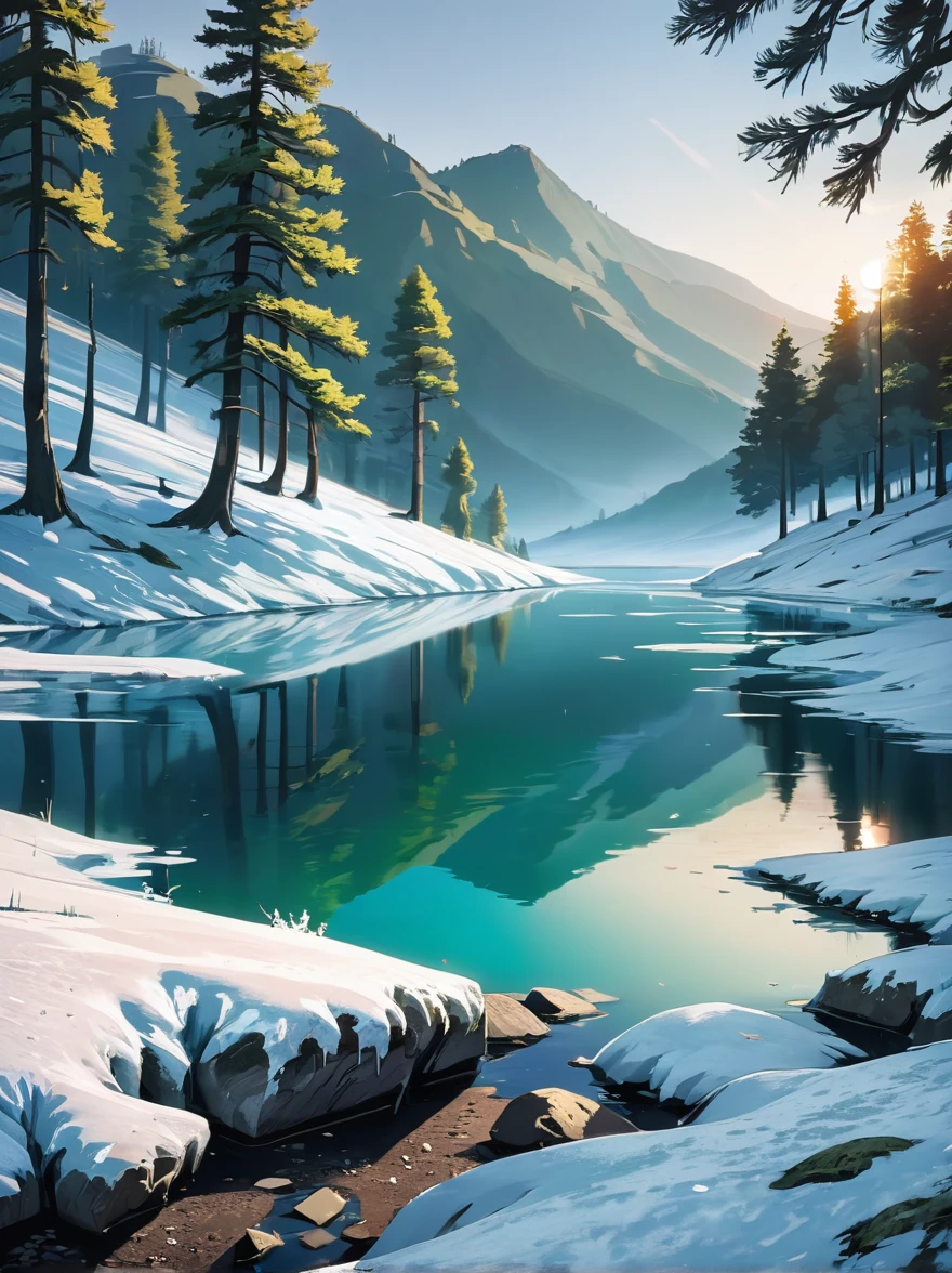 serene lago covered with a thin geada, Delicate and intricate texture of ice and frost are depicted in the painting, the Realistic lighting effects fill the entire scene with a sense of vitality, the creative composition and perspective add profundidade and Camadas to the picture. The montanhas and trees in the background are faintly visible, criando uma atmosfera misteriosa e tranquila que traz um impacto visual. 

lago verde, geada, agua esverdeada, textura delicada, geada intrincada, Realistic lighting effects, creative composition, profundidade, Camadas, montanhas, trees, Atmosfera misteriosa, ambiente tranquilo.