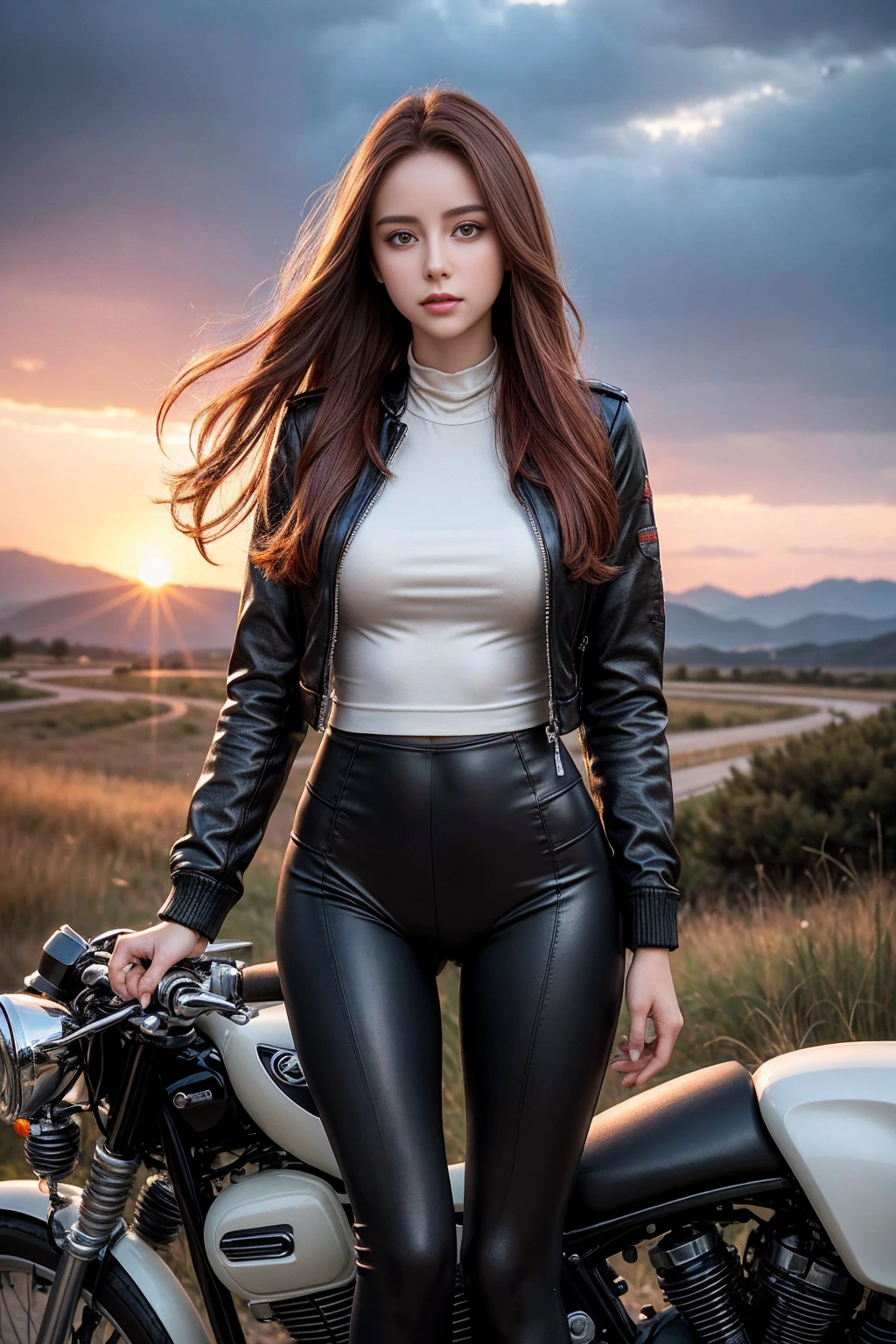 Woman riding a classic bicycle, Beautiful woman，Red long hair, Full scene shooting, best quality, Sunset, Grassland Road, Blowing,Look up at the sky， Beautiful woman, Exterior, Dark red hair, 自然landscape, rot，leather jacket, Umbilicus, Tights， Sexy long legs, (Thigh gap: 1.5),(Hip lift, Wide hips), Highly detailed face and skin texture, Delicate eyes, Double eyelids,whole body, 20-year-old female model, Octane Rendering,Two-color lighting,Large aperture,Low ISO,White Balance, Drive a motorcycle, landscape
