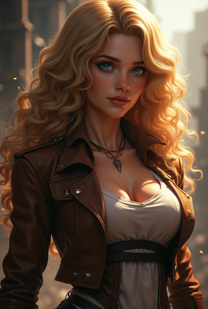 A woman, curly hair, rubio, blue eyes, Have a full body, that is from the anime attack on titan, 