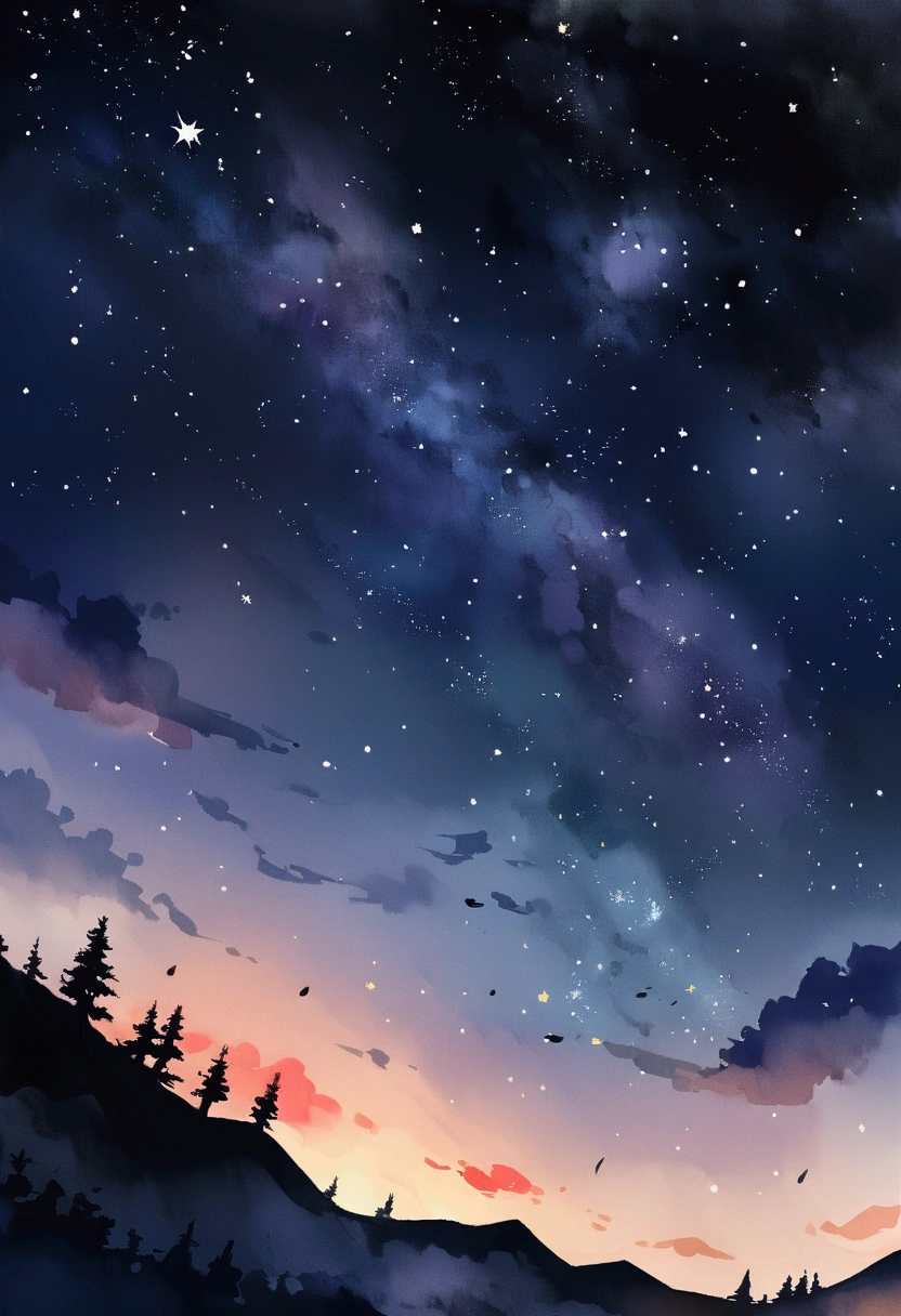 A starry sky with beautiful gradation。Lots of meteors。Sparkling。Fantasy。Cloudless。No people。No girls。watercolor style。