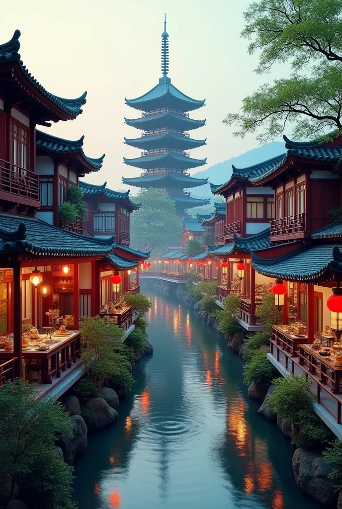 busy asian shops japanese style with a winding river canal like venice curved y, in the middle focal point big rounded pagoda epic scale