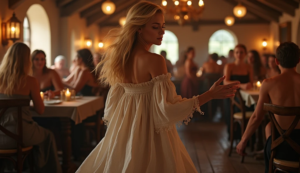 (photorealism:1.2),  A beautiful blond woman dance from a medieval tavern, dancing,A full tavern of people, wearing loose off-shoulder top, front face, loose full-length dress, woman in full growth, half nude,
