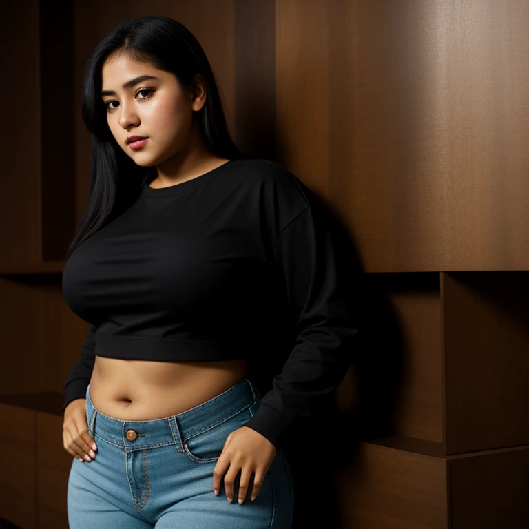 body photo, beautiful detailed, cute face, short, Guanajuato teen, medium black hair, black hair over one eye, long sleeve plain T-shirt, long pants, pearshaped voluptuous fat wide hips, solo,