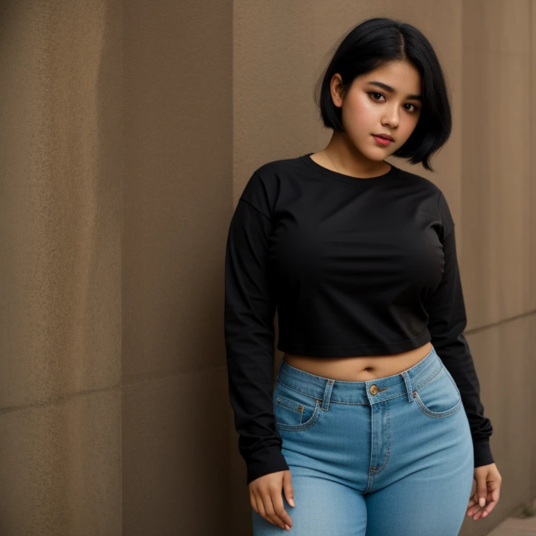 body photo, beautiful detailed, cute face, short, Guanajuato teen, medium black hair, black hair over one eye, long sleeve plain T-shirt, long pants, pearshaped voluptuous fat wide hips, solo, 