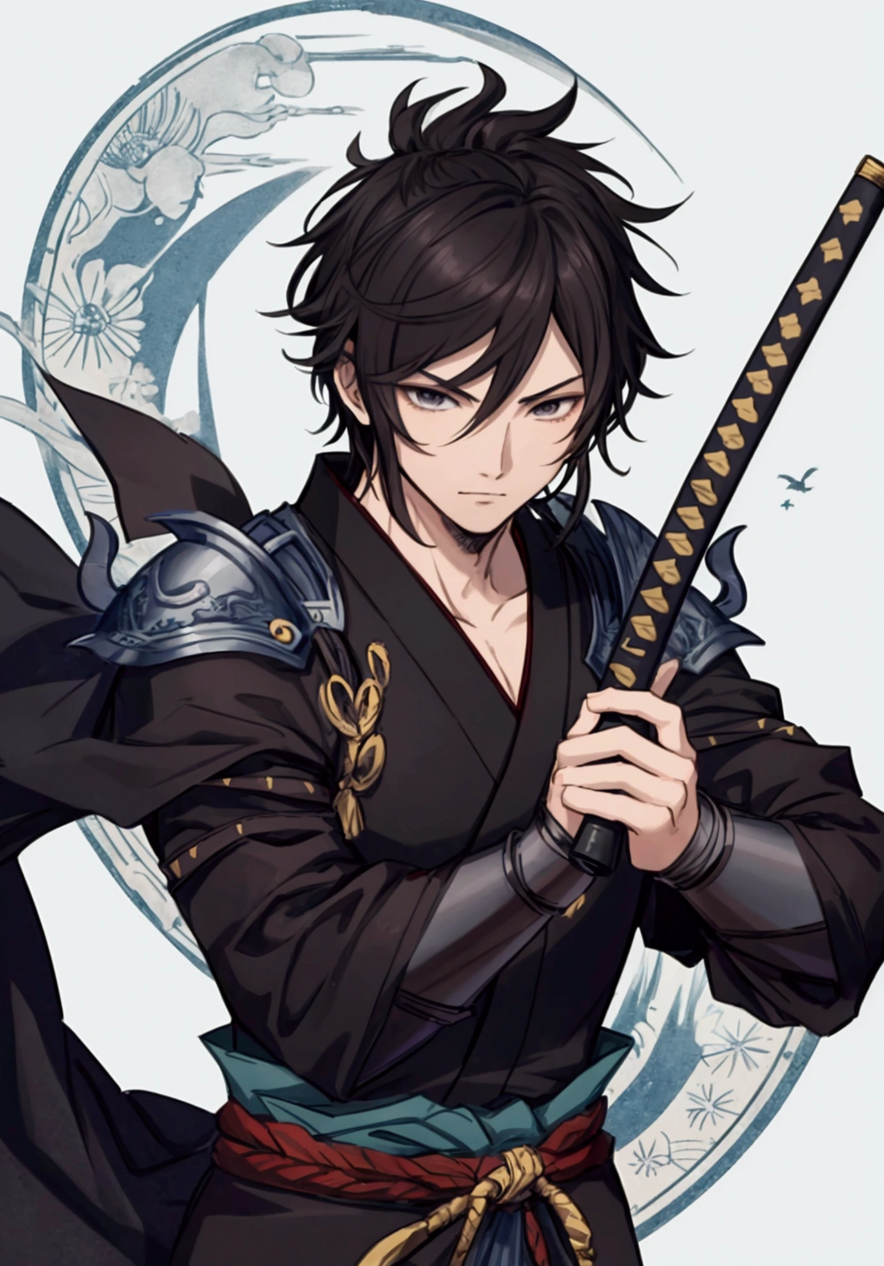 (Masterpiece), ((Highest Quality)),(Official Art),dark epic:1.2),(1 solo anime man: 1.3). A samurai man with short hime cut, black hair, black eyes, and a black armored kimono. He is brandishing a katana while shrouded in shadows. Detailed picture. Detailed eyes. Masculine jaw. Soft fairytale picture Arthur Rackham-style. Colorful, best detailed ((super detailed)), (highly detailed 2D anime man illustration), ((dark and beautiful))