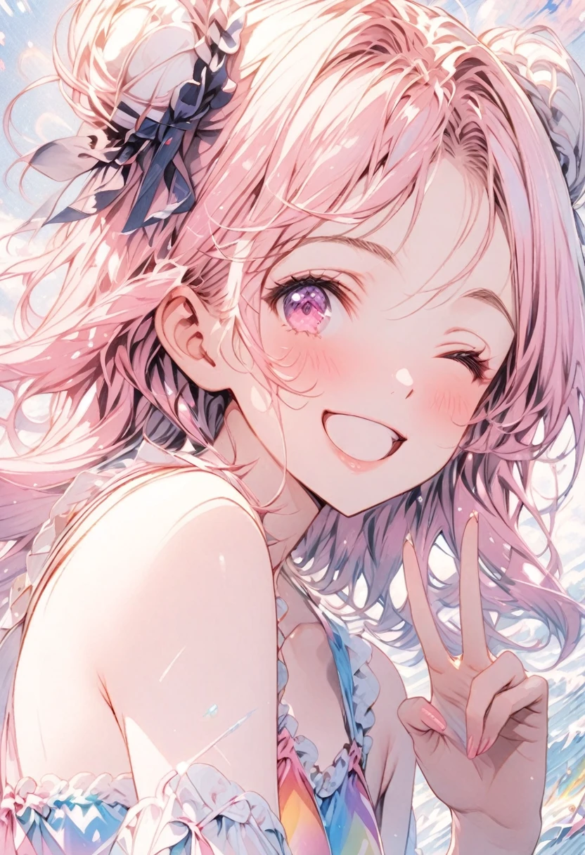 masterpiece、Highest quality、Highly detailed CG Unity 8k wallpaper、High School Girl Anime Illustration。Wearing a rainbow swimsuit、Doing the peace sign、(Hair Ribbon:0.4), Pink Eyes,(((White bun hair))),(((Pink long hair))),(((Disjointed bangs))),Smiling with eyes closed and mouth open。The background is a pale pastel colored landscape.、Watercolor Digital Art、It's a little embarrassing
