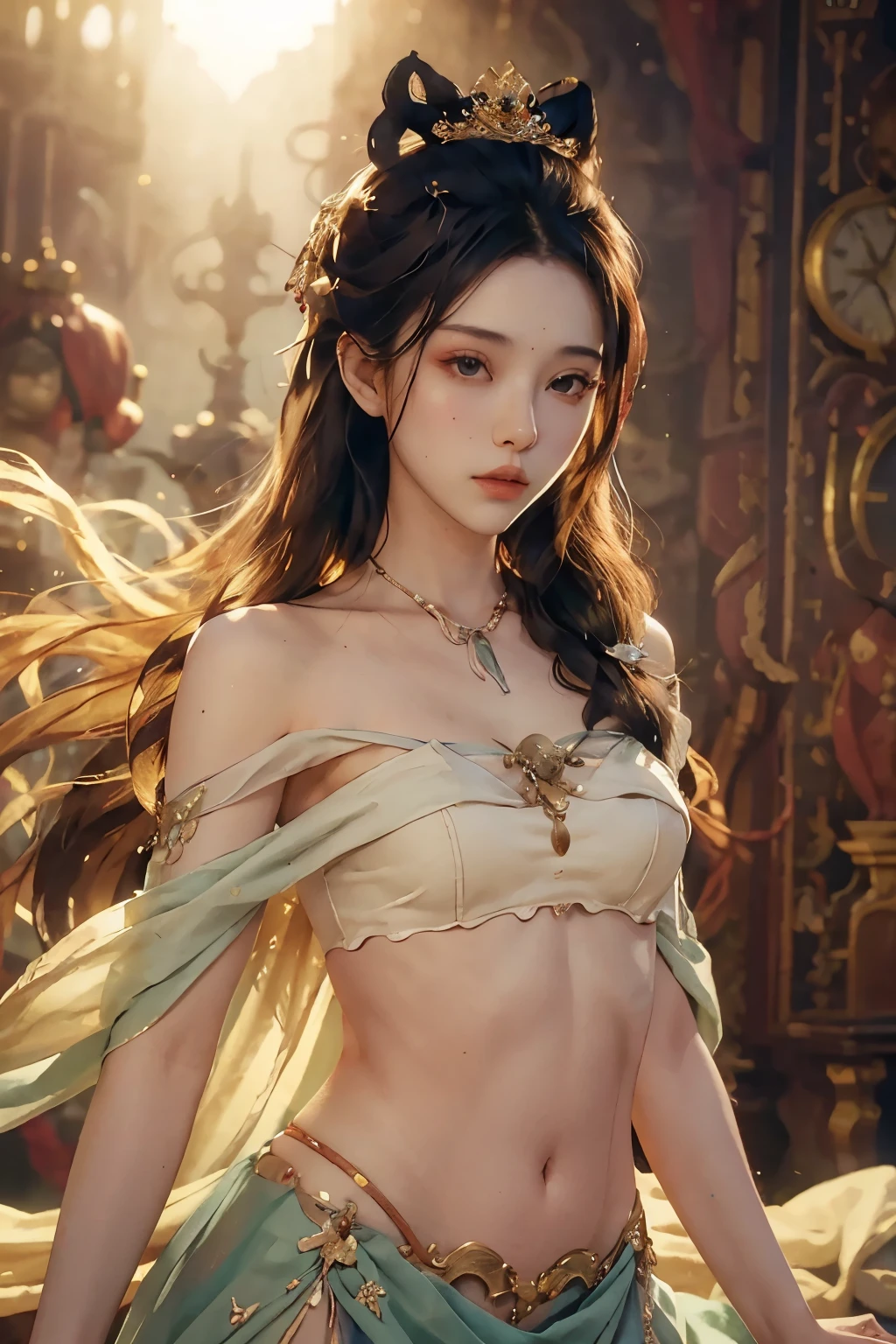 (RAW Photo, Best Quality), (Realistic, Photo Realistic: 1.3), Best Quality, Highly Detailed, Masterpiece, Hyperdetail, Illustration, 1 Girl, upper_body, Dynamic Angle, World Masterpiece Theater, messy_long_hair, Best Quality, Extremely Detailed CG Unified 8k Wallpaper, Ink, Amazing, Cinematic Lighting, lens_flare, Chu Chu Touching,The shoulders have exposed skin,The belly button is exposed,A beautiful woman,A pensive, lost in thought,Make eye contact with the other person,Thin body type,Small Bust,Small breasts,A peerless beauty who has been recognized and proposed to by many royalty and nobles.,beautiful girl,Minors,