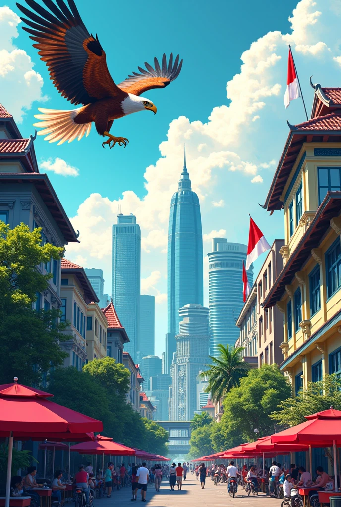 Create an illustration of a modern Indonesian city with elements of the Indonesian flag.,Eagle, use Indonesian language,