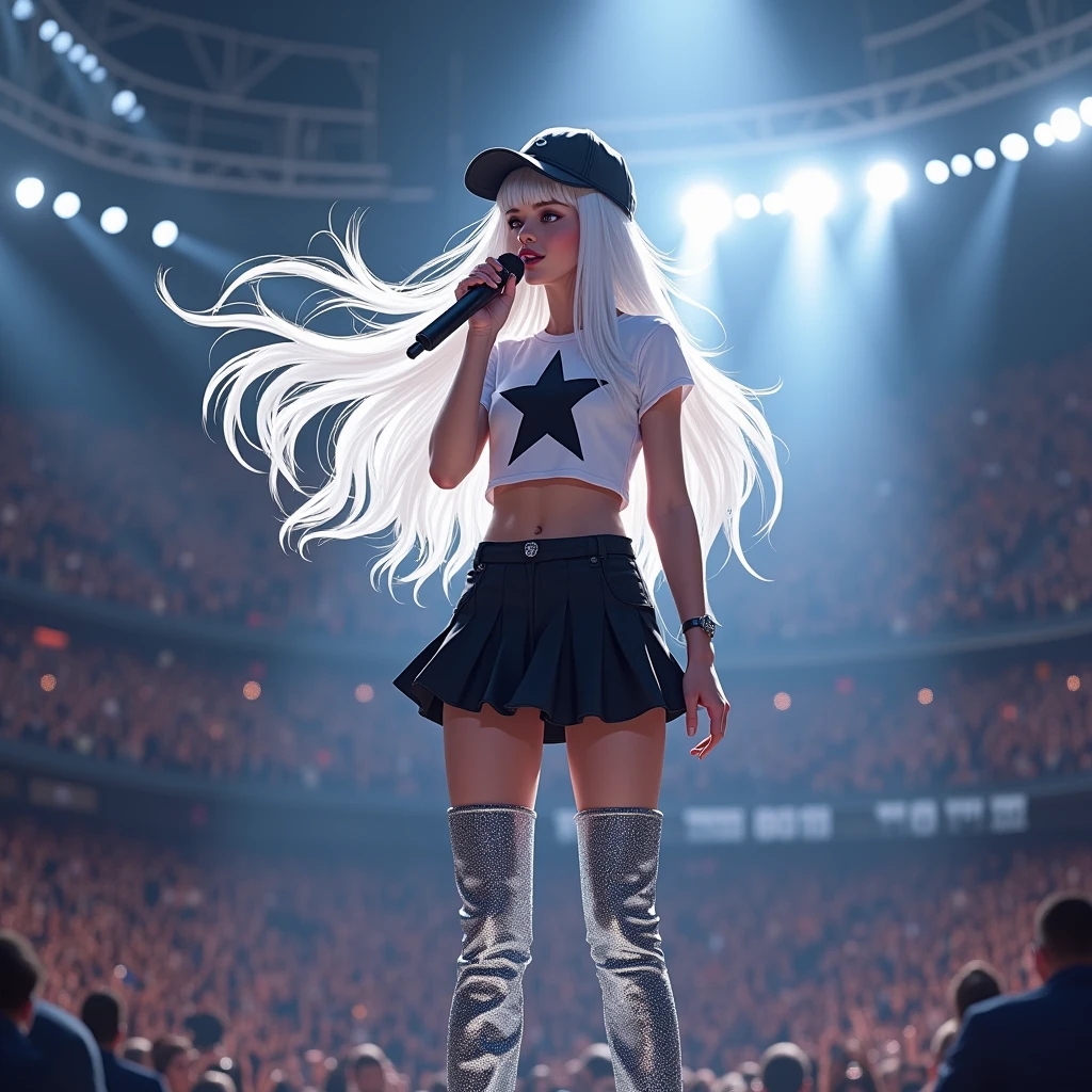 A girl with white hair halfway down her back,wearing a white crop top with a star in the middle and a black mini skirt and silver thigh-high boots,I want a black backwards cap on her head,I want her with the microphone in her mouth singing to the audience at the Superbowl show