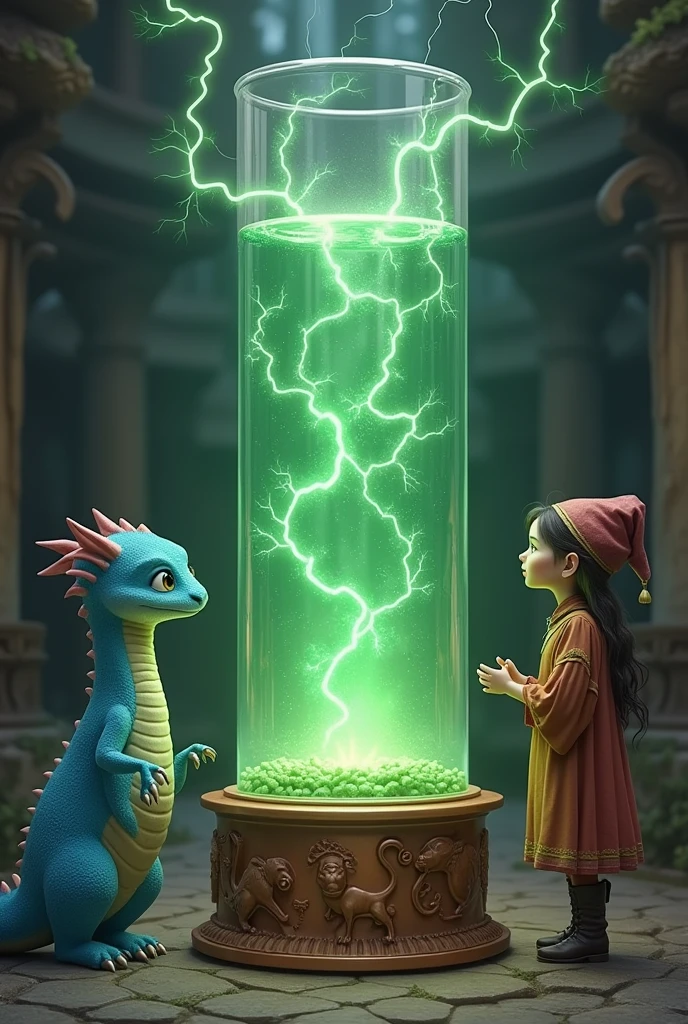 A blue female quadruped dragon stands next to a peasant observing a transparent cylinder filled with green liquid emitting electricity beneath a copper base with feline symbols