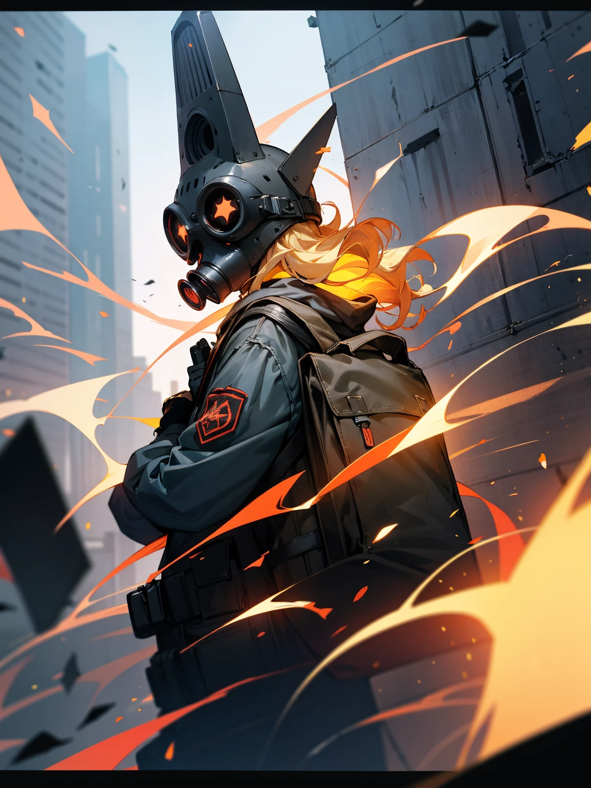 1male, gas mask, blonde hair wavy hair, adult, grey eyes, backpack, burning building, gloves