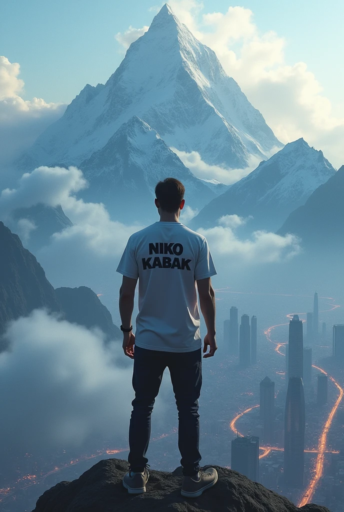 A man is on a high mountain and below him is a big city and on his shirt is written NIKO KABAK