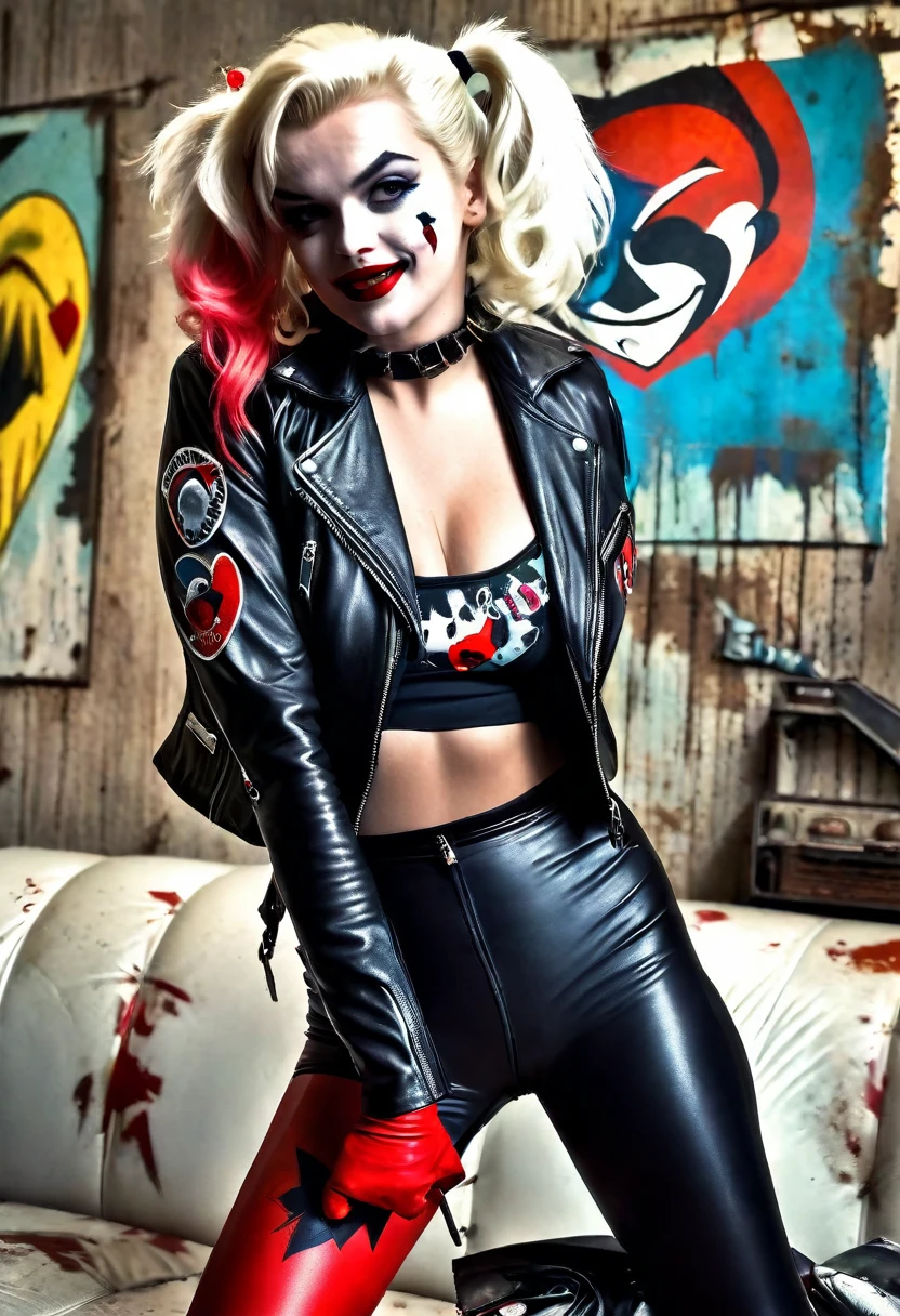Marilyn Monroe (age 25, black leather jacket, tough girl pose, sexy swimsuit, role of Harley Quinn, crazy sexy flirting) casually holding a gun, trashed living room