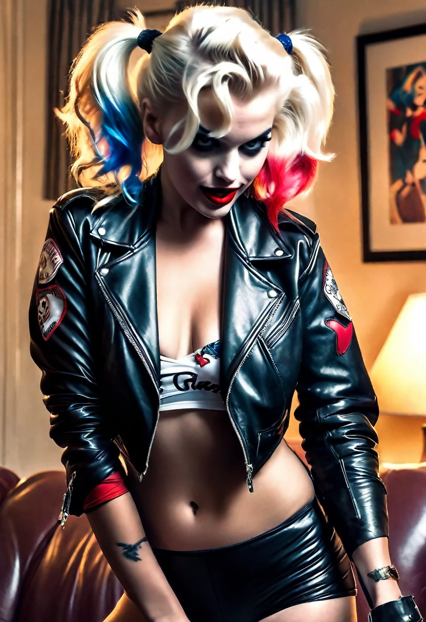 Marilyn Monroe (age 25, black leather jacket, tough girl pose, sexy swimsuit, role of Harley Quinn, crazy sexy flirting) casually holding a gun, trashed living room