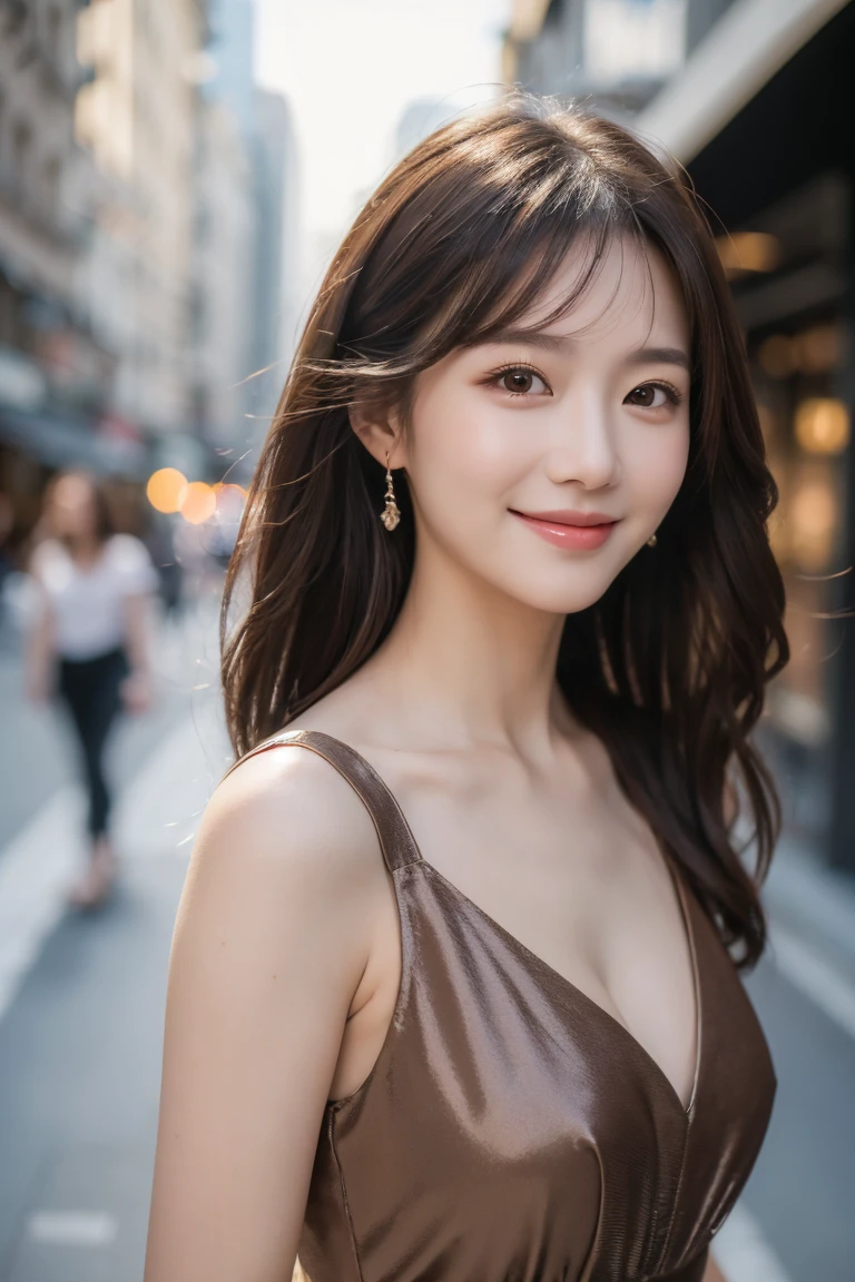 ((best quality, 8k, masterpiece :1.3)), 1 girl, smiling, whole body, face slimming, pretty Woman, (Dark brown hair), full length dress :1.1, Super detailed faces, delicate eyes, double eyelids, blurred background, face slimming, City, external, street,