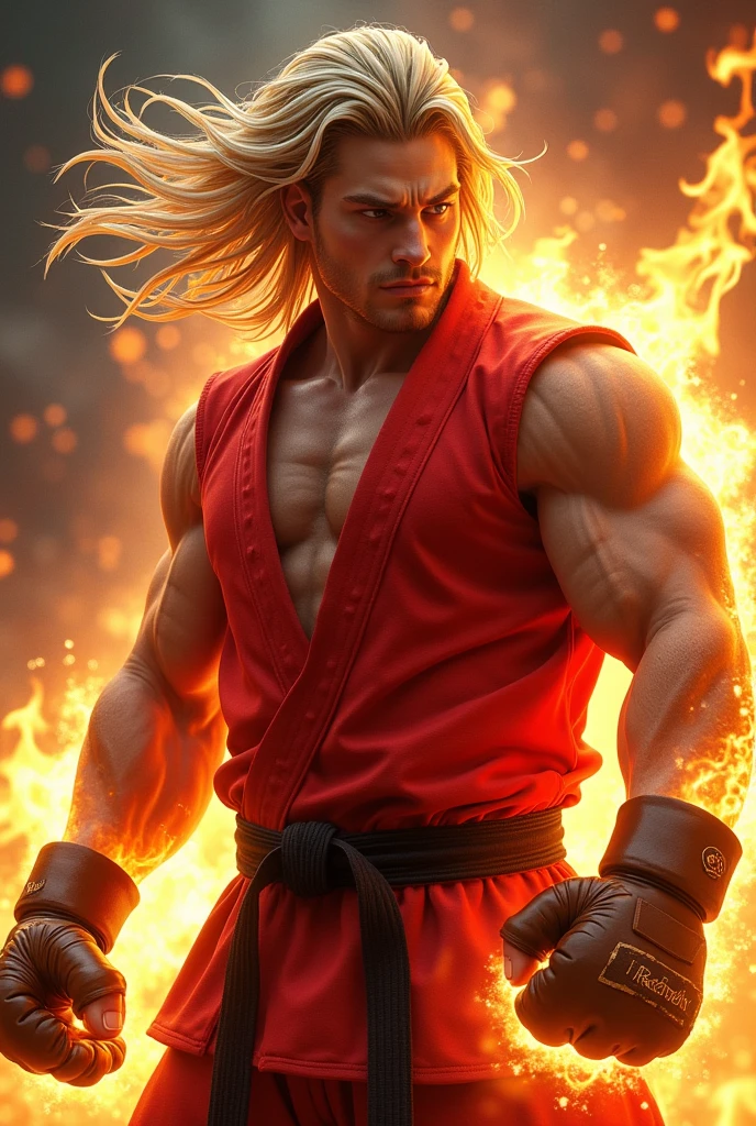 (photorealism:1.2) make the image as real as possible.
A blonde long hair male with a muscular build. His eyes are light brown and he has on a red karate gi (black belt) that exposes his leanest arms. His mma gloves are brown with thick padding. Fire exuding from his right hand.