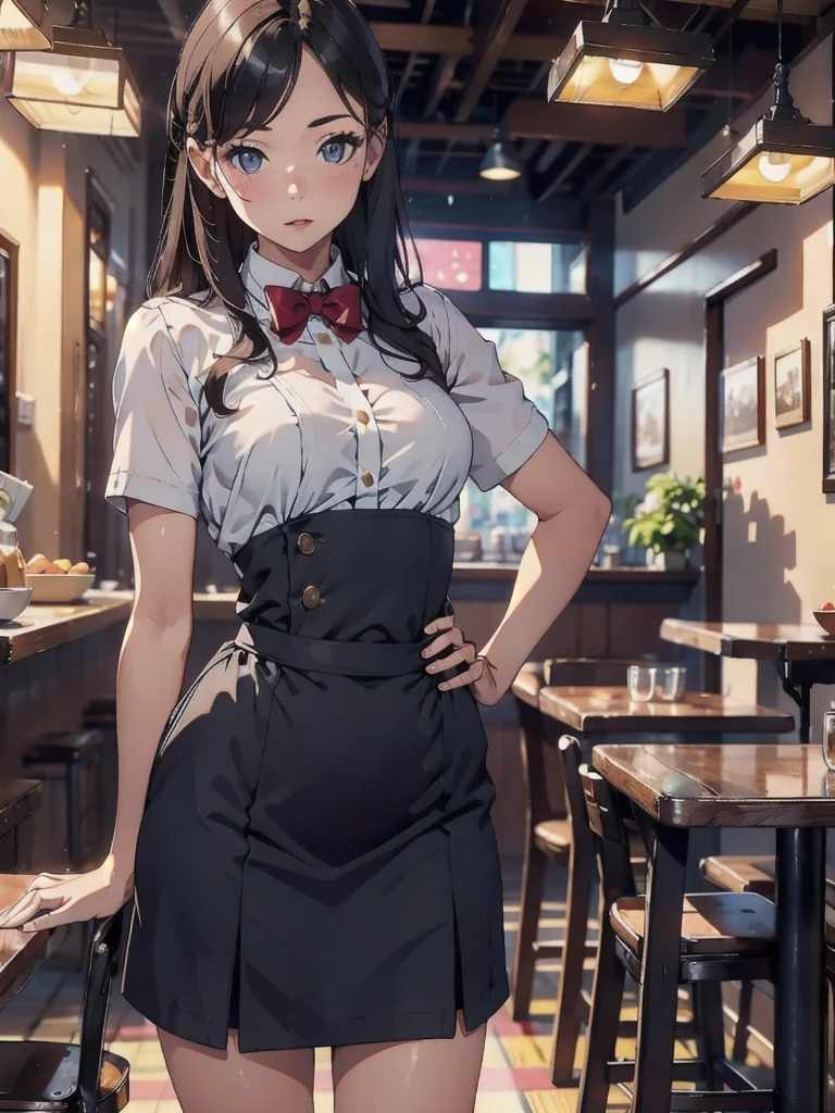 A woman in a waitress costume poses for a photo, Photorealistic perfect body、pretty girl, Small breasts,solo、