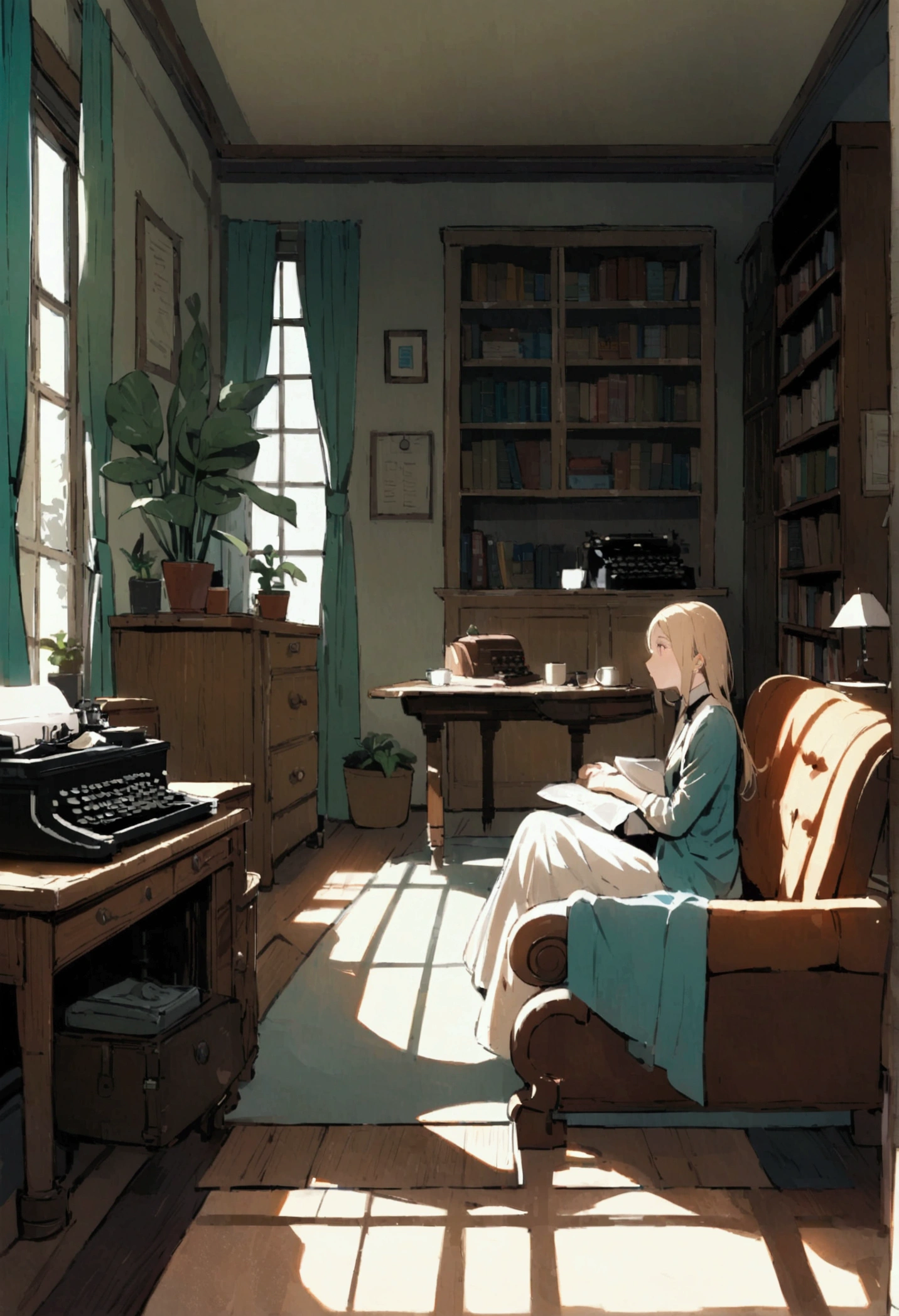 living room, bench, window, curtain, Dappled sunlight, Potted plants, table, cabinet,bookshelf, Paper, desk lamp, typewriter, girl sitting on the sofa