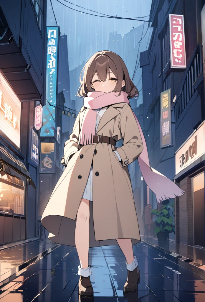 1girl with long brown hair wearing a fully buttoned up closed and beige belted buckle knee-length trench coat with a tucked up large pink winter wool scarf and white gloves at the hard rainy night city street full body 8k