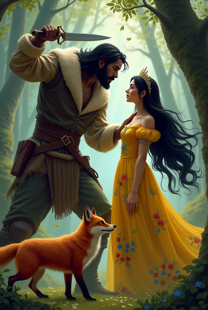 at a forest, a fat, dark-skinned hunter is about to stab a white-skinned princess with long, black hair with a dagger, wearing a yellow dress,blue and red floral and wearing a multi-colored crystal tiara. But a red fox steps in and takes the hit instead..