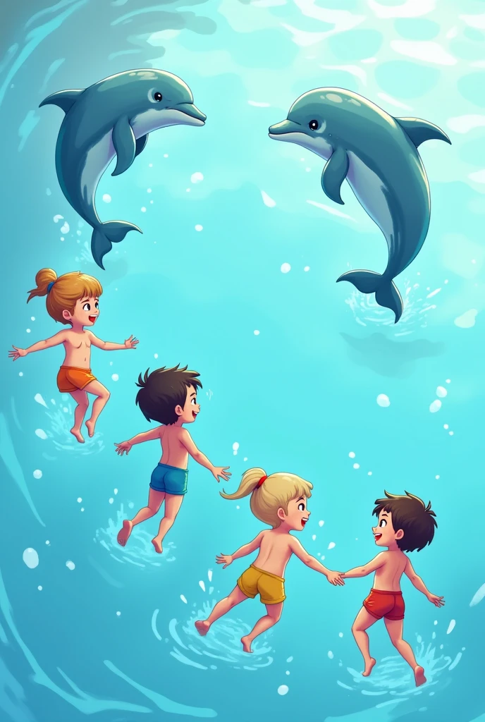 Image: Illustration of 4 kids playing with dolphins and doing water activities