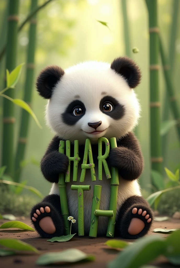 A baby panda holding the word CHARTH made of leaves and bamboo.